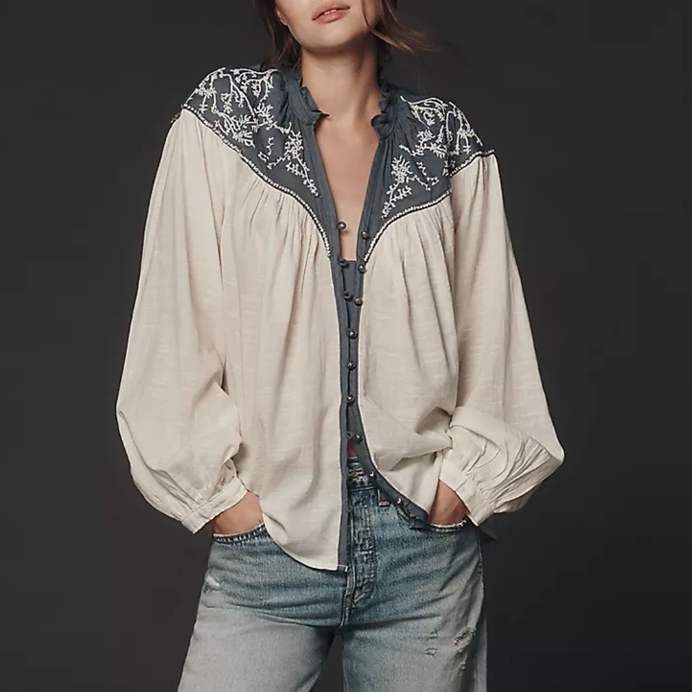 Pilcro Puff Sleeve buttondown blouse top peasant SHIRT